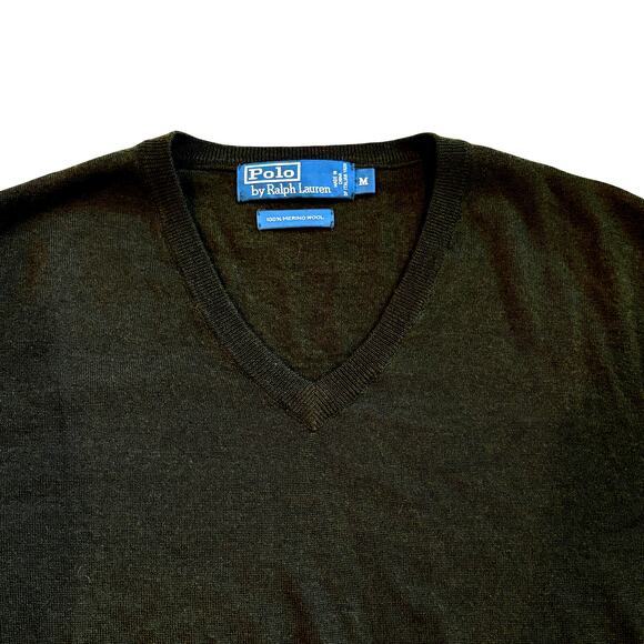 Vtg Polo Ralph Lauren Sweater Men Med Dark Green V Neck Merino Wool Long Sleeve - Picture 3 of 8